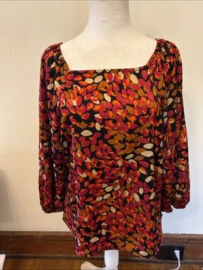 Liverpool Womens Square Neck Peasant Blouse in Multicolor Leaf Print Size S EUC